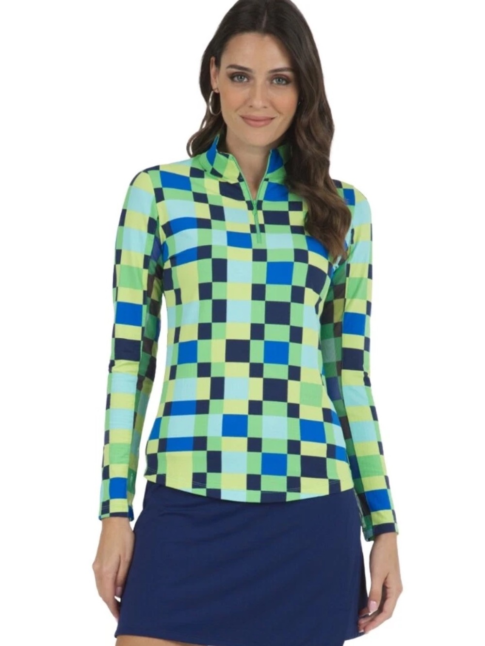 IBKUL Annalise Geo Print  Long Sleeve Quarter-Zip Polo Top - Ladies Large